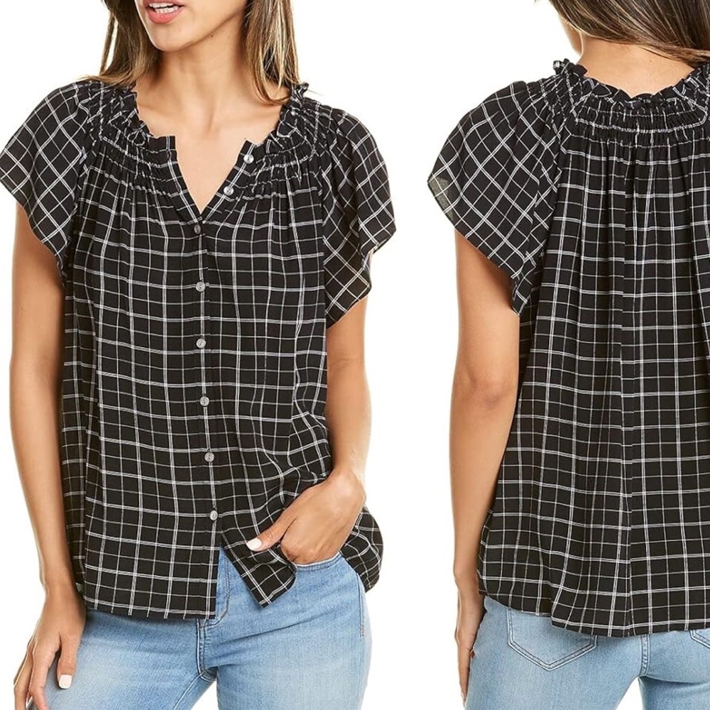 Rebecca Taylor Plaid 100% Silk Black‎ Blouse Size 2